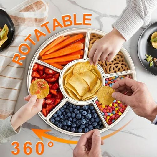Rotating Snack Organizer Tray with Lid & Handle – 360° Large Multi-Compartment Plastic Food Platter for Home, Parties & Travel