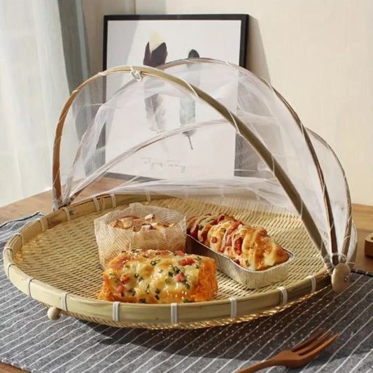 Handcrafted Bamboo Food Basket with Foldable Mesh Cover | Fly & Mosquito Proof Storage