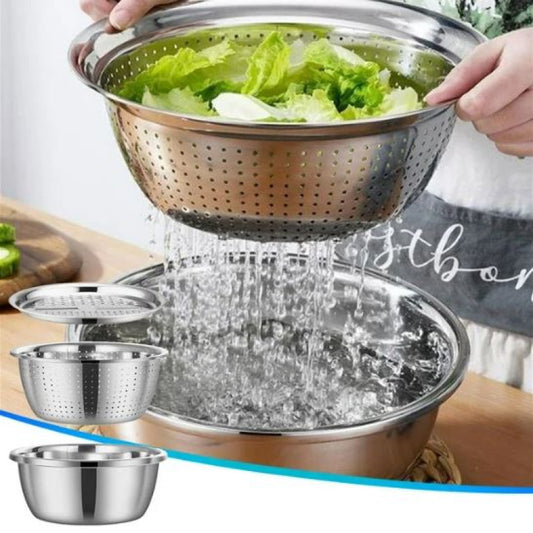 3-in-1 Stainless Steel Kitchen Basin Set with Built-in Grater & Strainer – Multi-Purpose Washing and Draining Bowl
