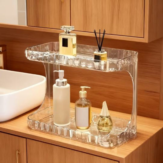 2 Tier Clear Bathroom Organizer Rack | Plastic Makeup, Skincare & Toiletries Storage Shelf
